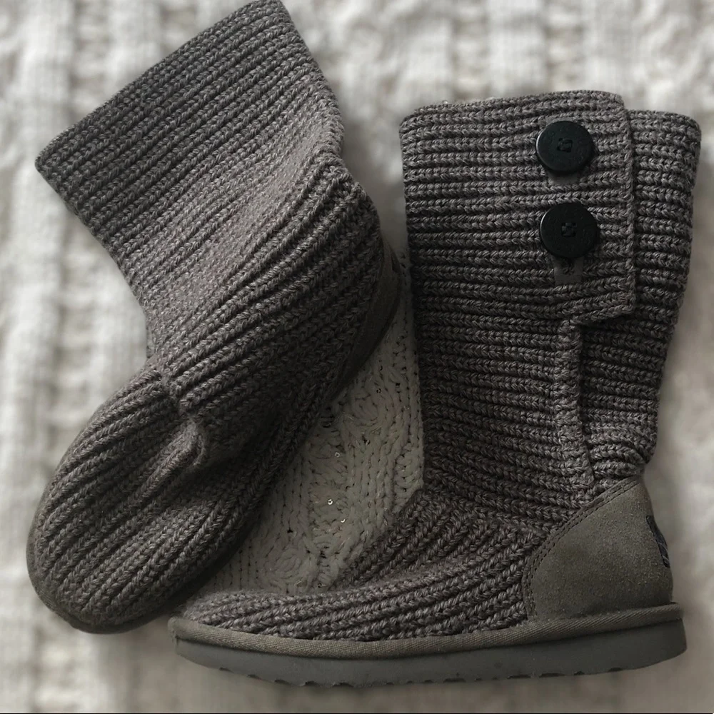 UGG Kids Knit Button Mid-Calf Boots in Gray